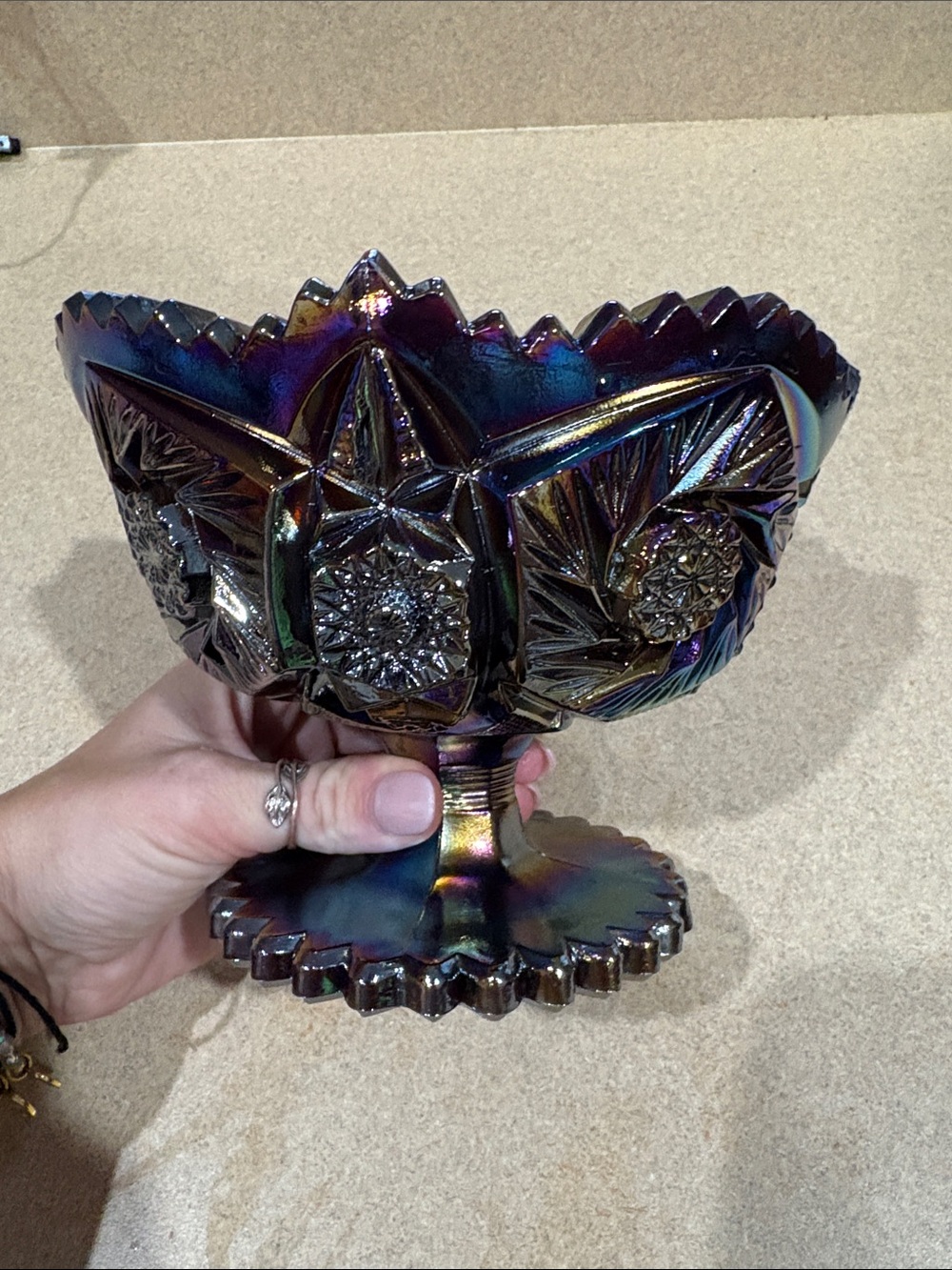 Iridescent Multicolor Carnival Glass Pedestal Compote Vase
